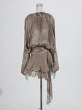 VelviChic™ Elegant Splice Lace-Up Dress – Long Sleeve, Round Neck, Flowy Fit with Feminine Patchwork Detailing