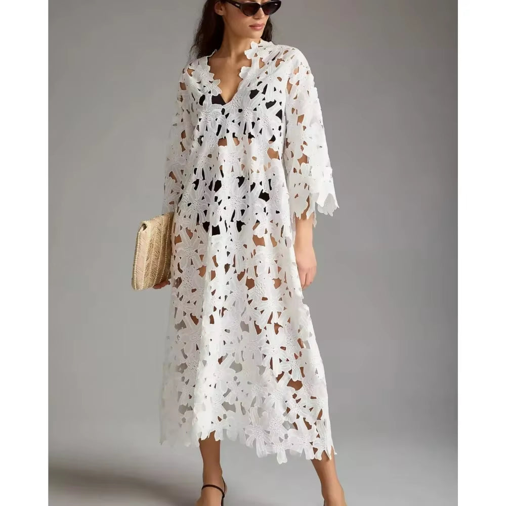 Seductive Elegance: Sexy Lace Hollow Out V-Neck Beach Dress